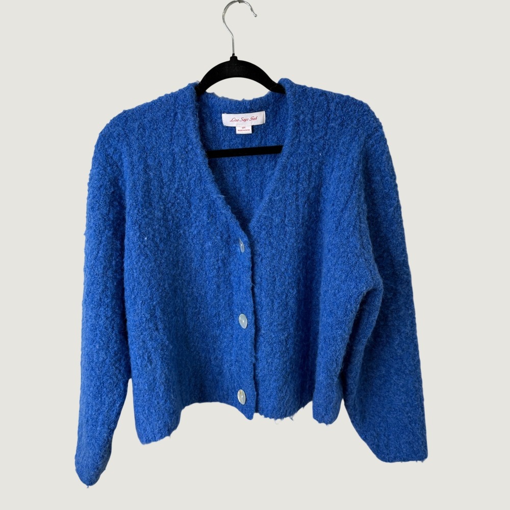 Lisa Says Gah Blue Boucle Cardigan Sweater XS/S Eclectic Preppy Cozy Fall Twee